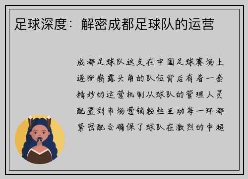 足球深度：解密成都足球队的运营