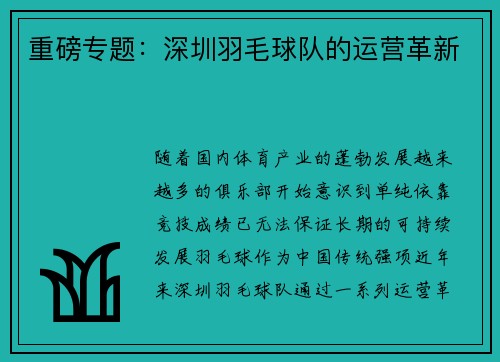 重磅专题：深圳羽毛球队的运营革新
